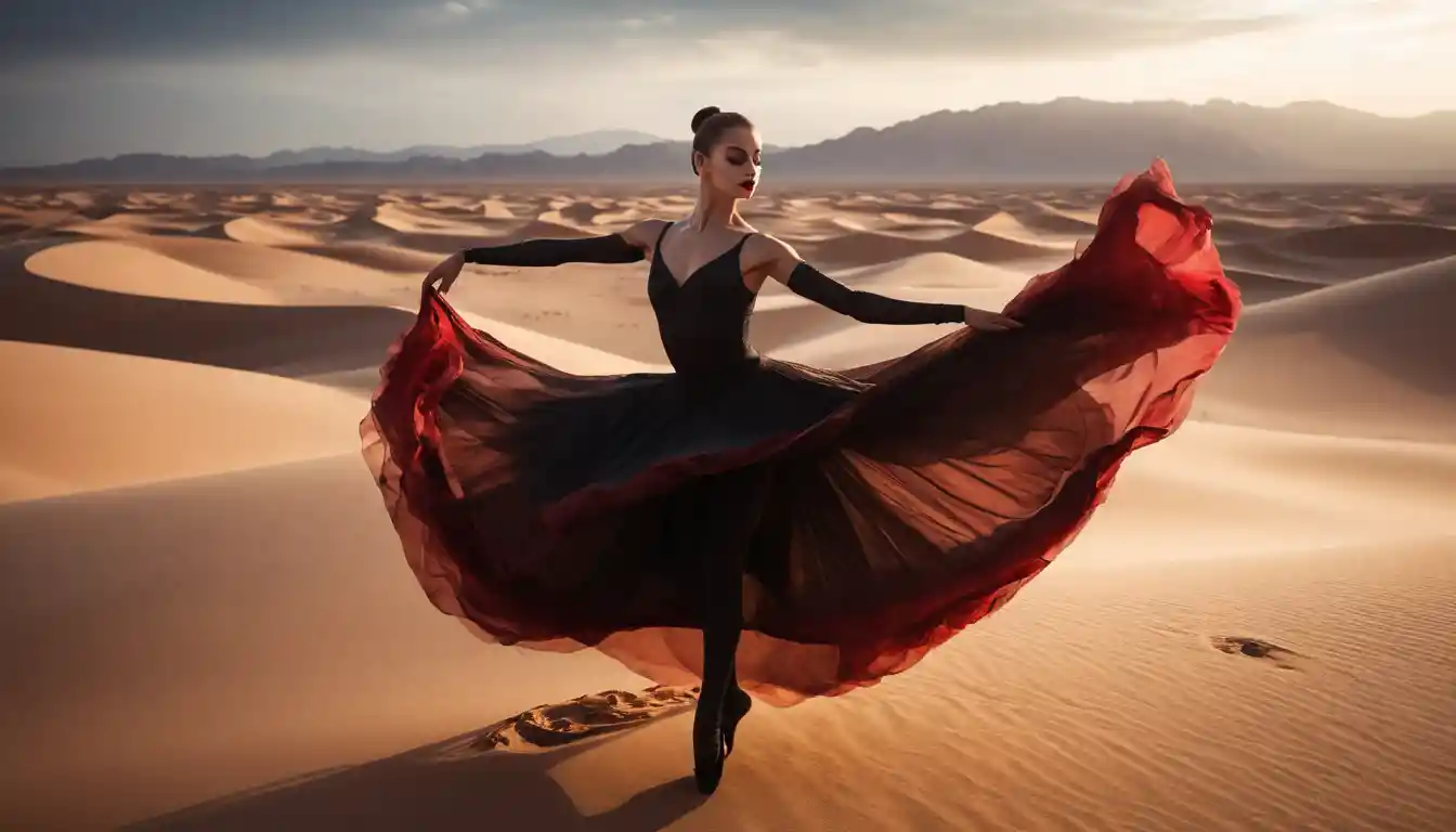 Ballerina solitaria in seta cremisi fluttuante tra le dune del deserto