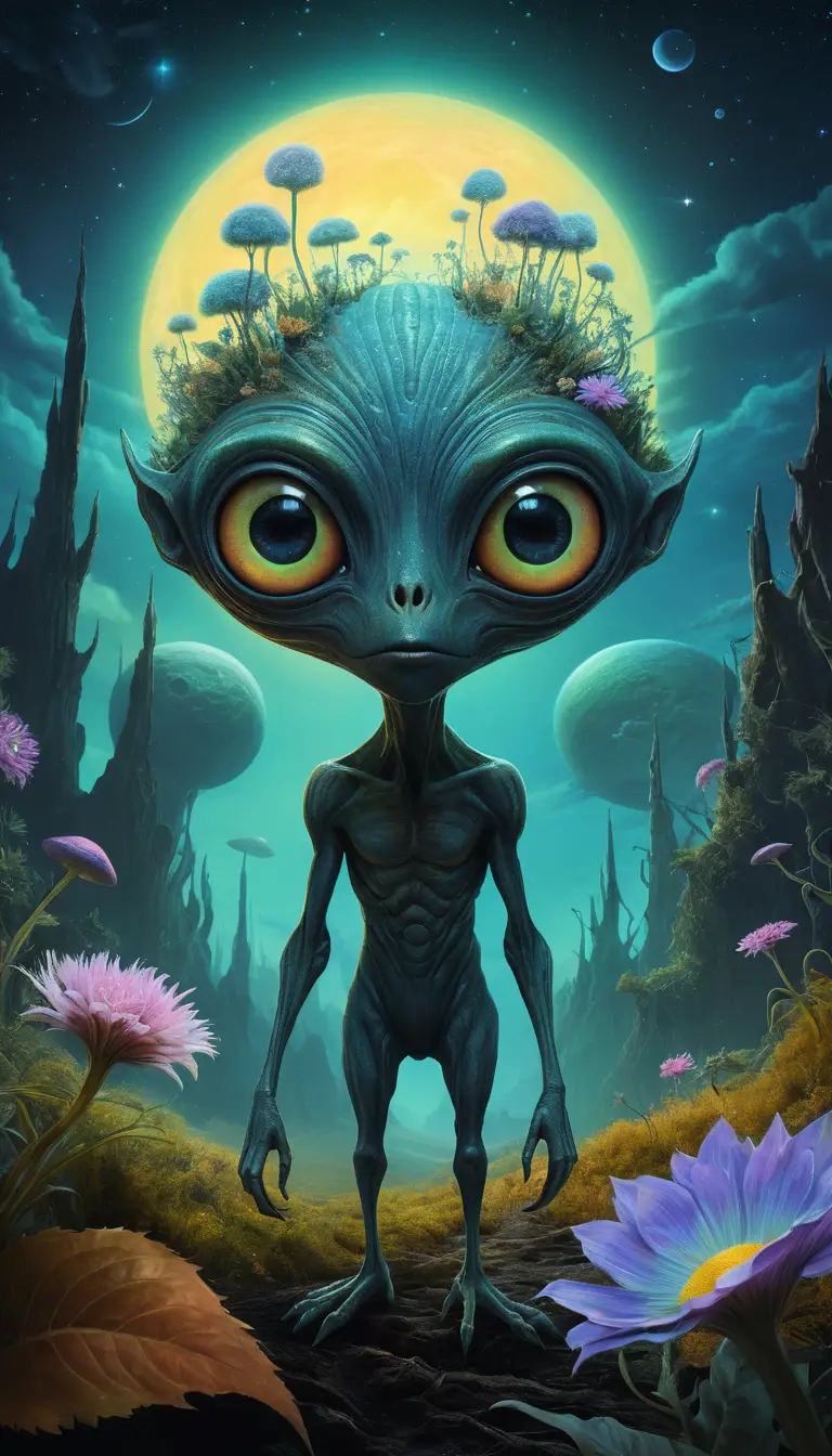 在遙遠星球上探索發光植物的俏皮外星人