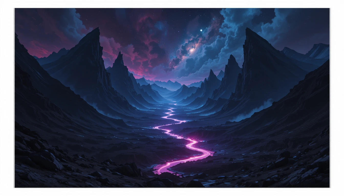 Río de neón que fluye por un valle montañoso cósmico y oscuro