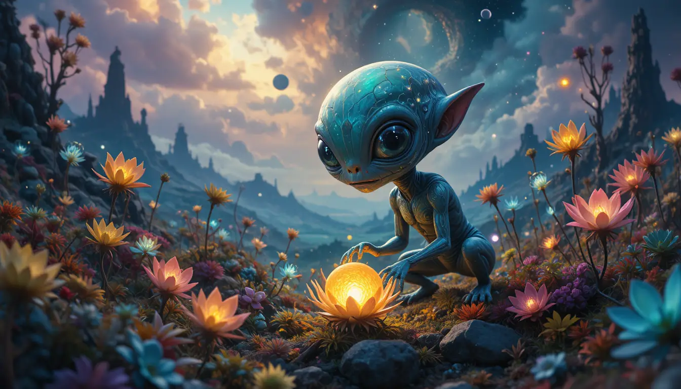 遙遠星球上與發光植物嬉戲的外星生物