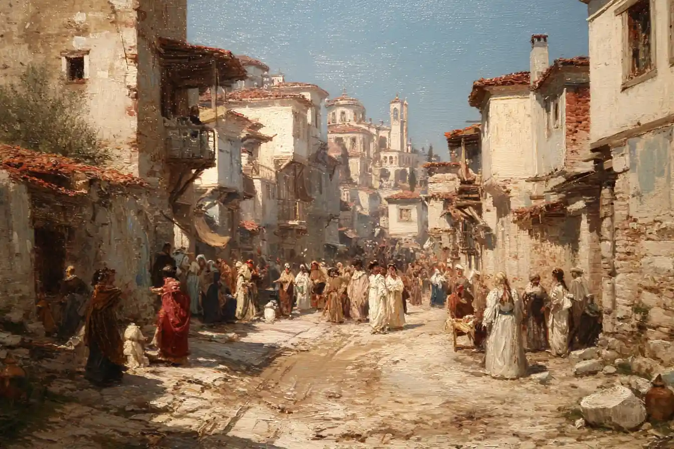 People walking along an ancient street in Ephesus
