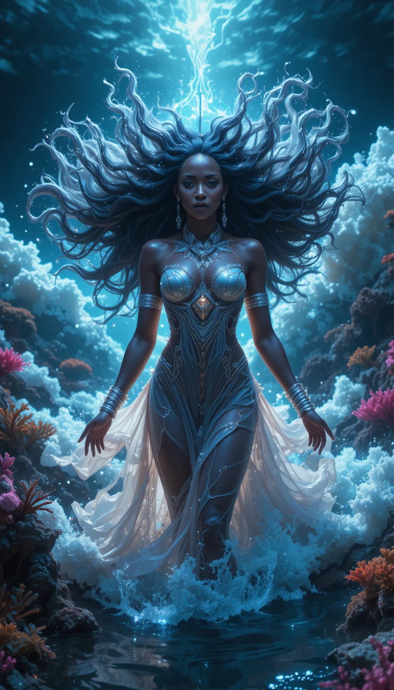 Afrofuturistic woman rising from a glowing bioluminescent ocean