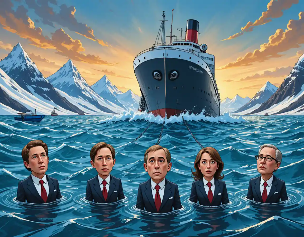 Satirical cartoon of sinking ship chained to politicians