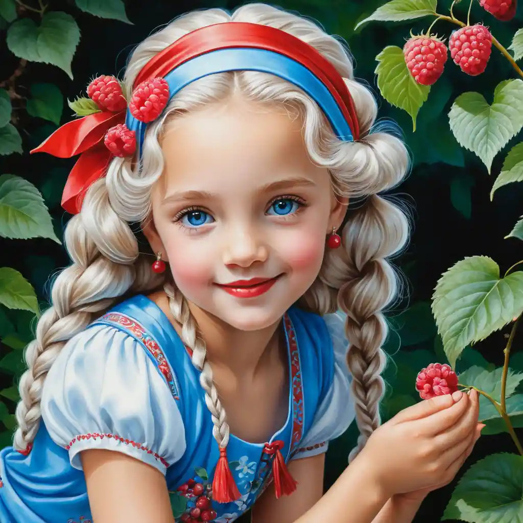 Smiling Summer Girl With Raspberries And Flowing White Hair