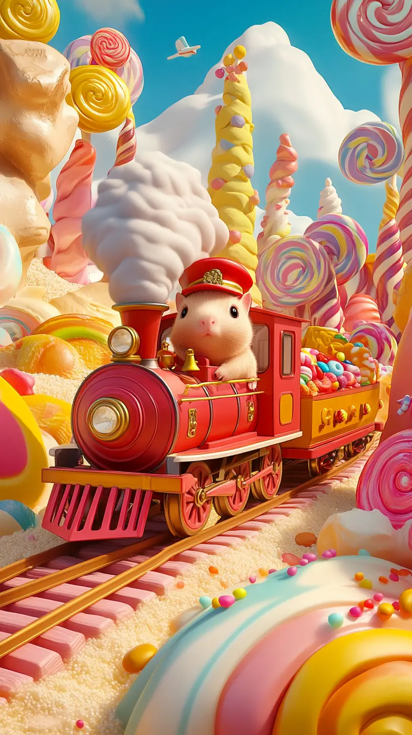 Guinea Pig Conductor Riding A Red Train Through Candy