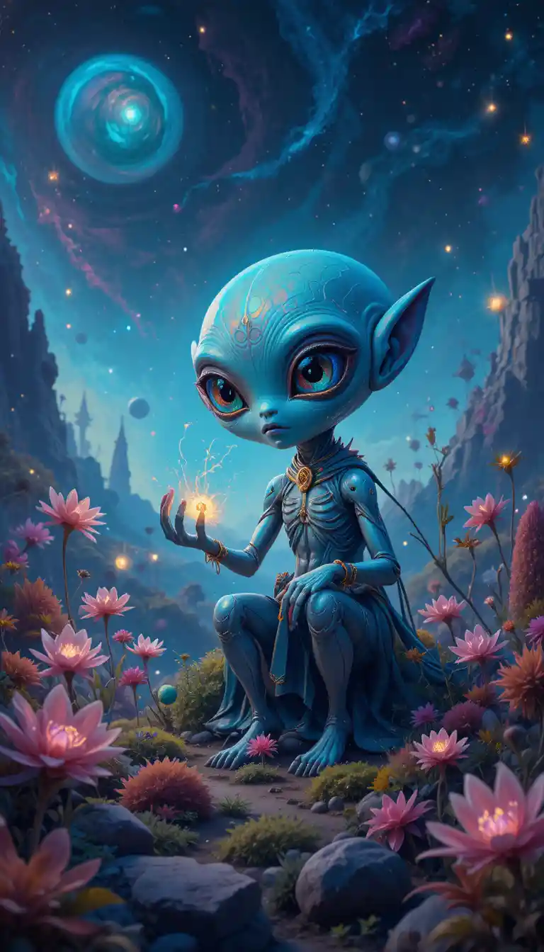 Alien curioso explorando flora brilhante em mundo distante