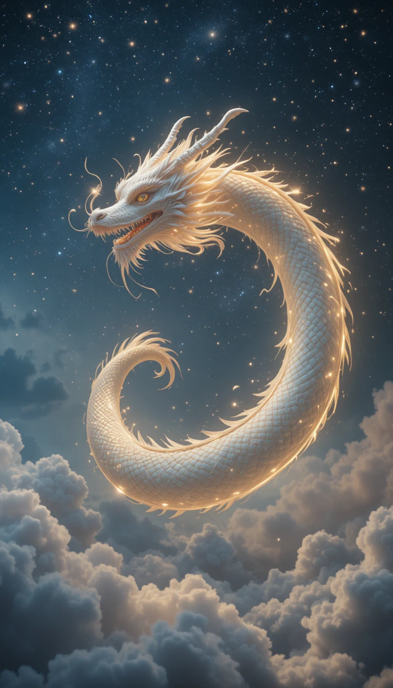 Majestic white dragon soaring through a dreamy starry sky
