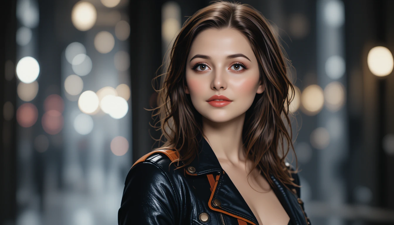 Mujer elegante con chaqueta de cuero y llamativo labial rojo