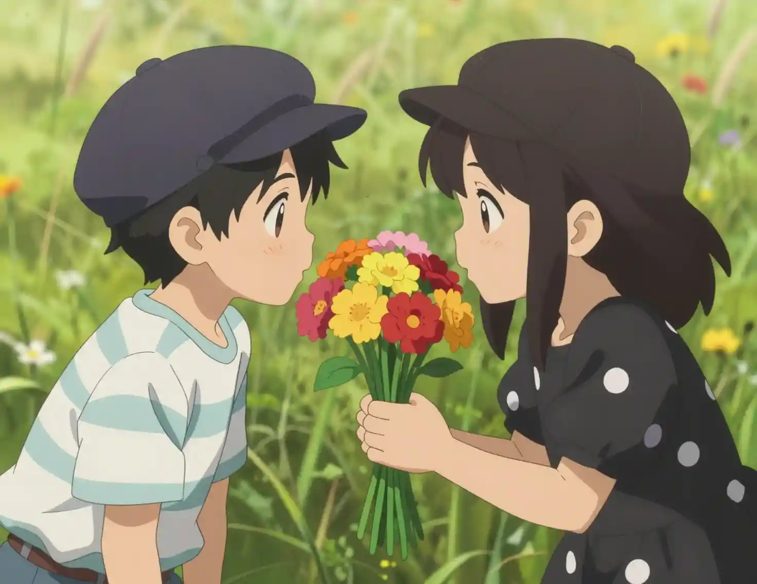 Ragazzo che offre fiori a una ragazza in un campo soleggiato