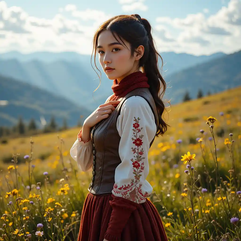 산속 초원에 선 자수 블라우스를 입은 젊은 여성