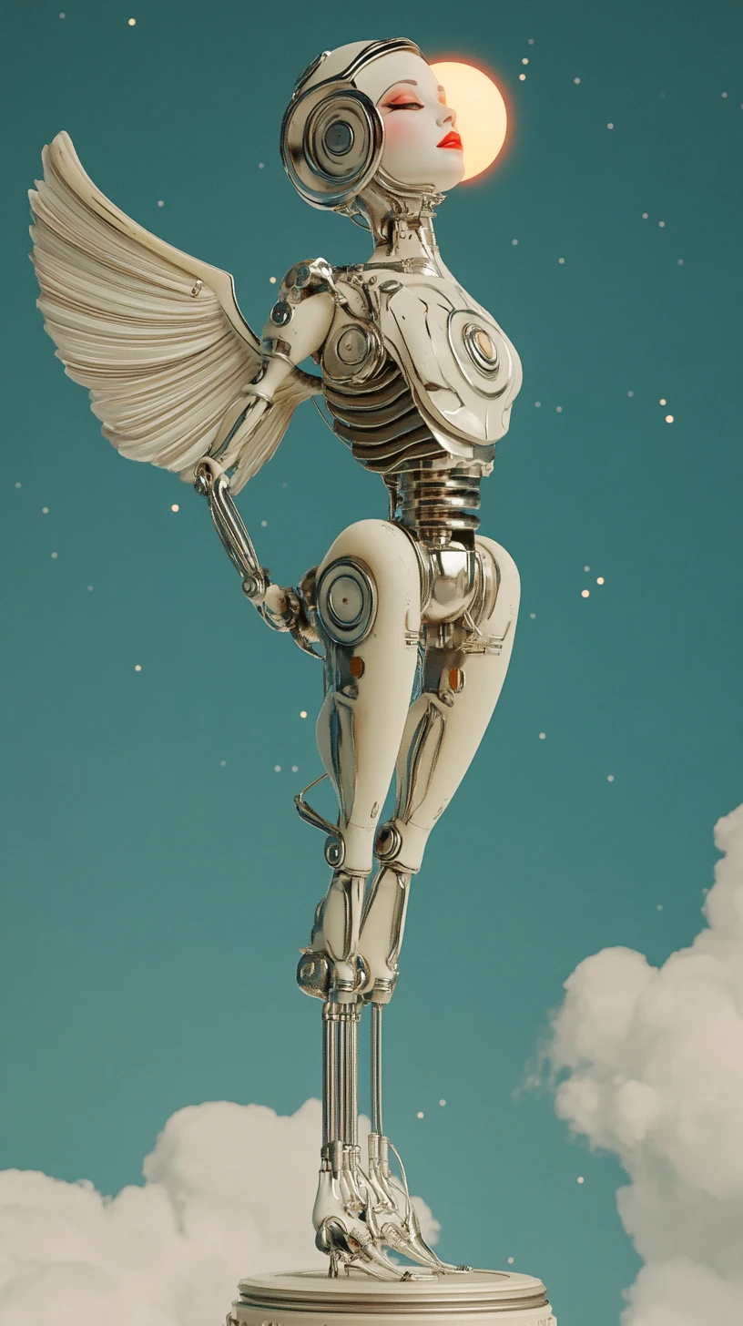 超現實天穹中的生物機械鳥女人雕像