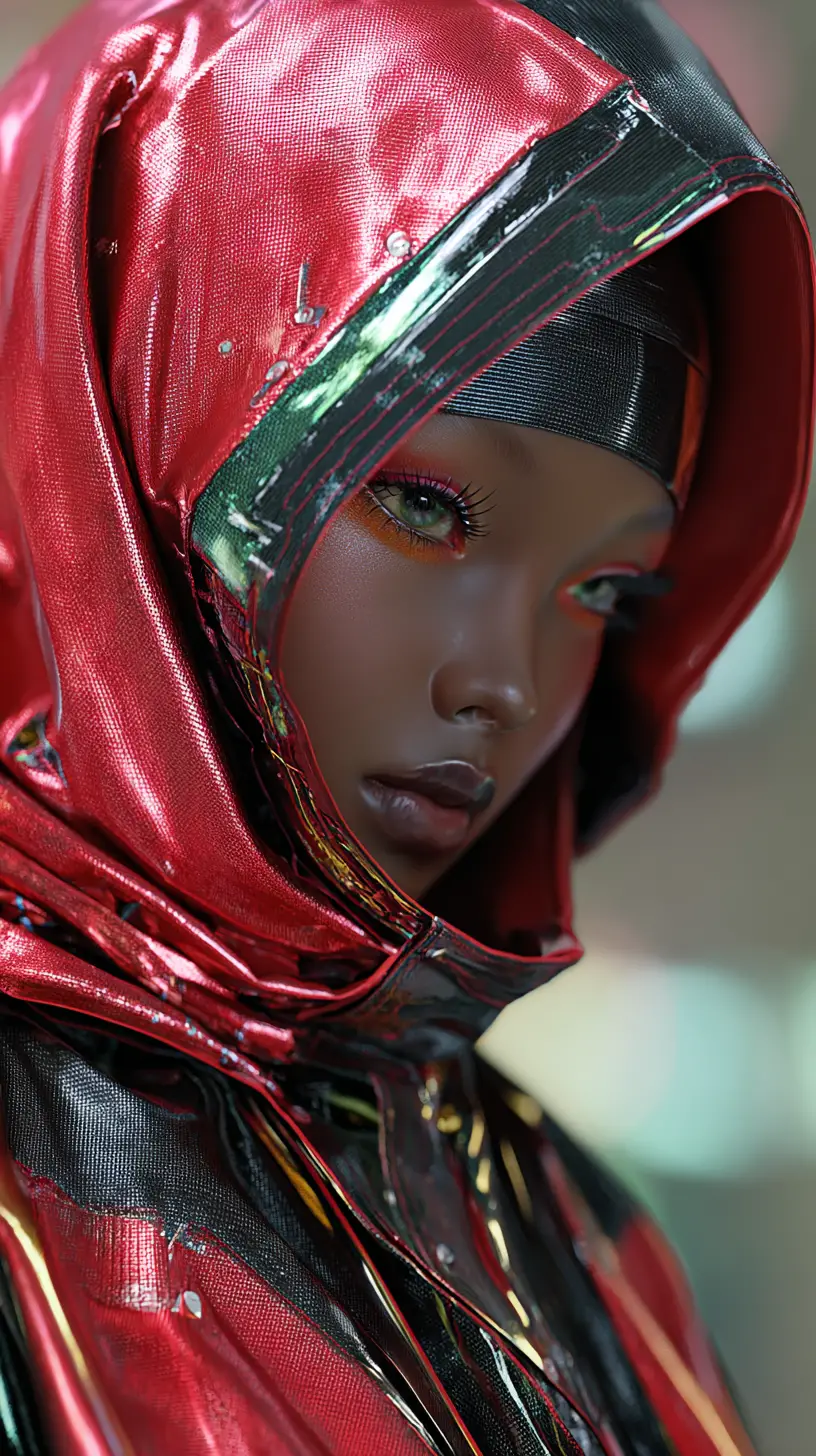 Afrofuturistic woman in red green hood with k pop style