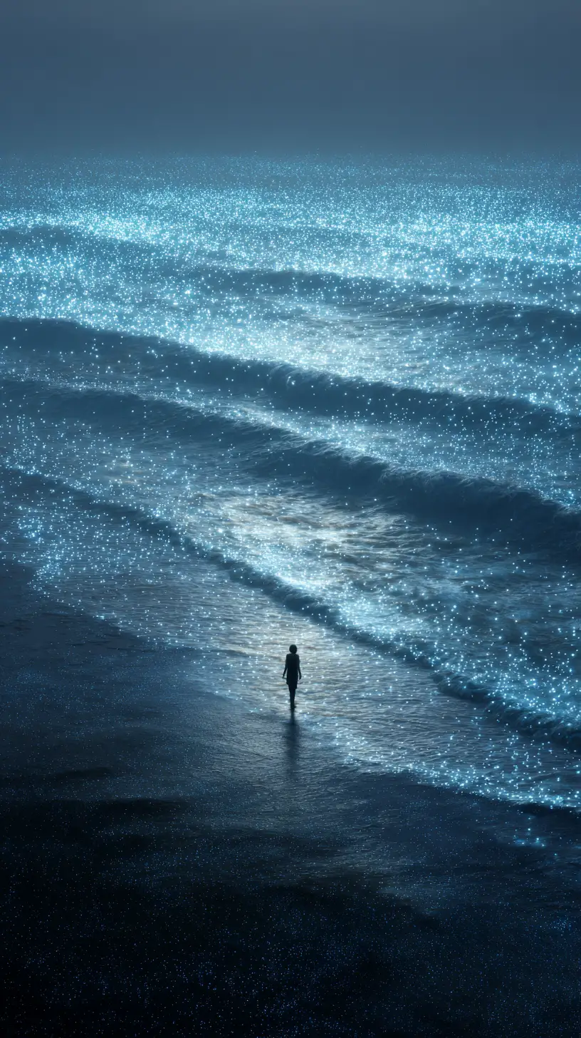 Afrofuturistic figure watching a glowing ocean of light