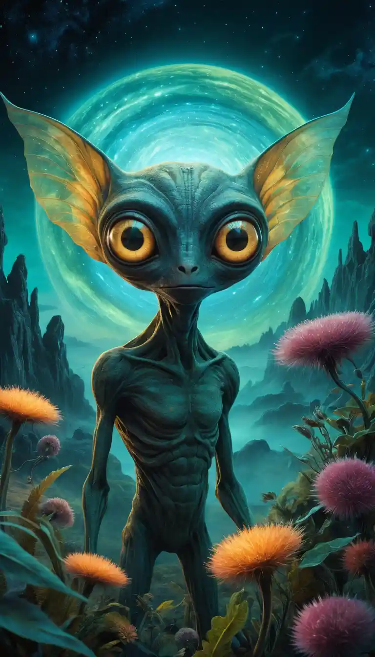 Alien curioso explora plantas brilhantes em mundo distante