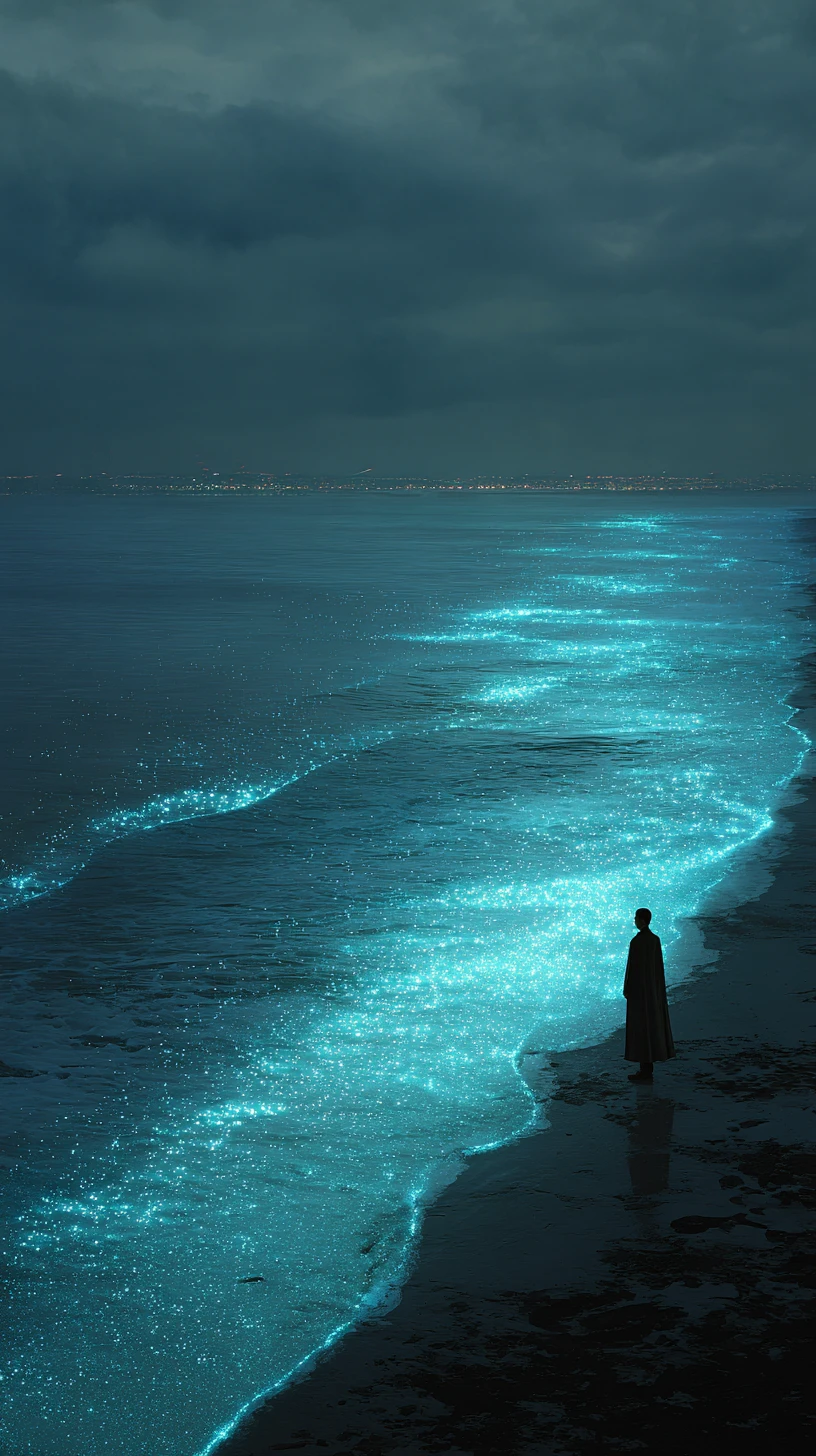 Figura contemplando un océano luminoso de luz en el horizonte