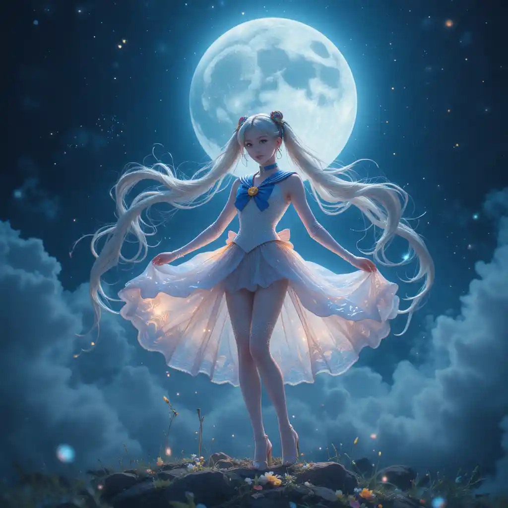 Anime guardian twirling gracefully under a glowing full moon