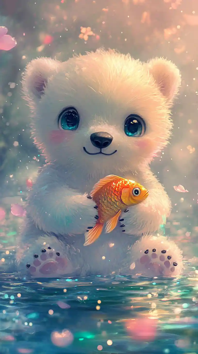 Cute baby polar bear with goldfish in pastel water
