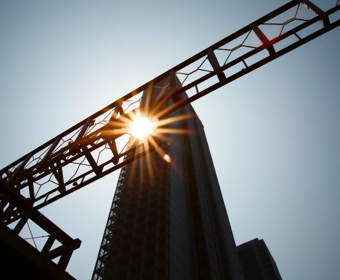 Golden hour light on exposed steel beams of a skyscraper