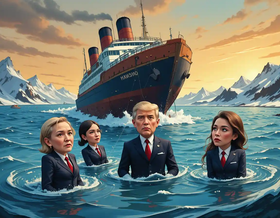 Caricatura satírica de transatlántico hundiéndose y políticos encadenados