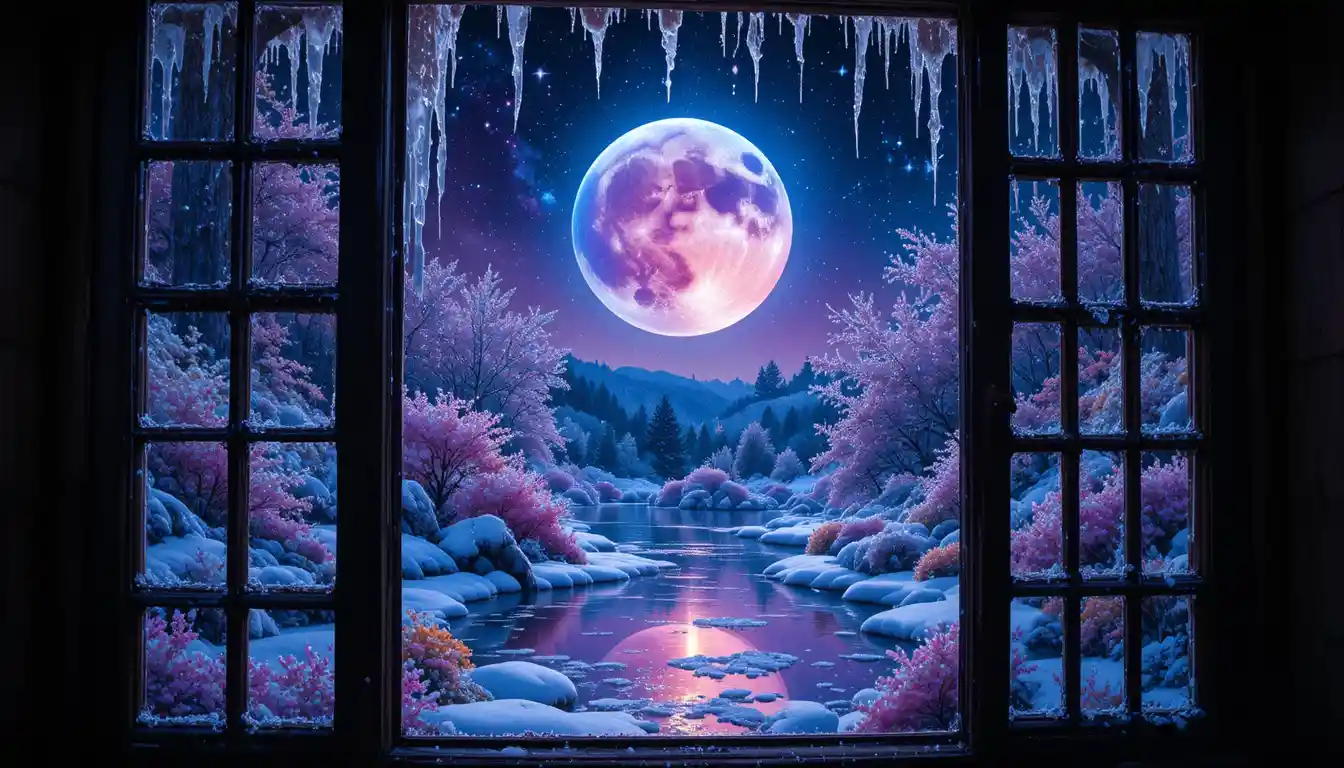 Moonlit winter garden seen through a frosted window