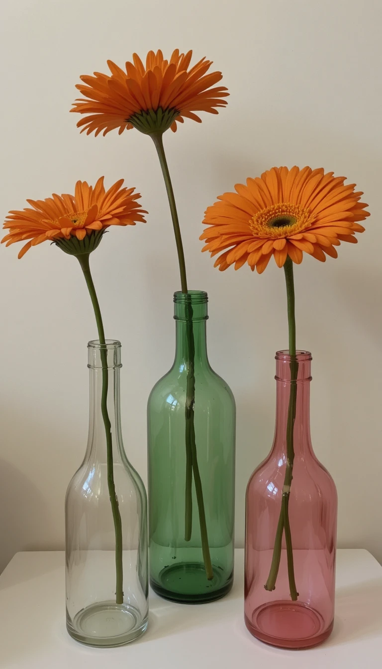Three orange gerbera daisies in glass vases on white surface