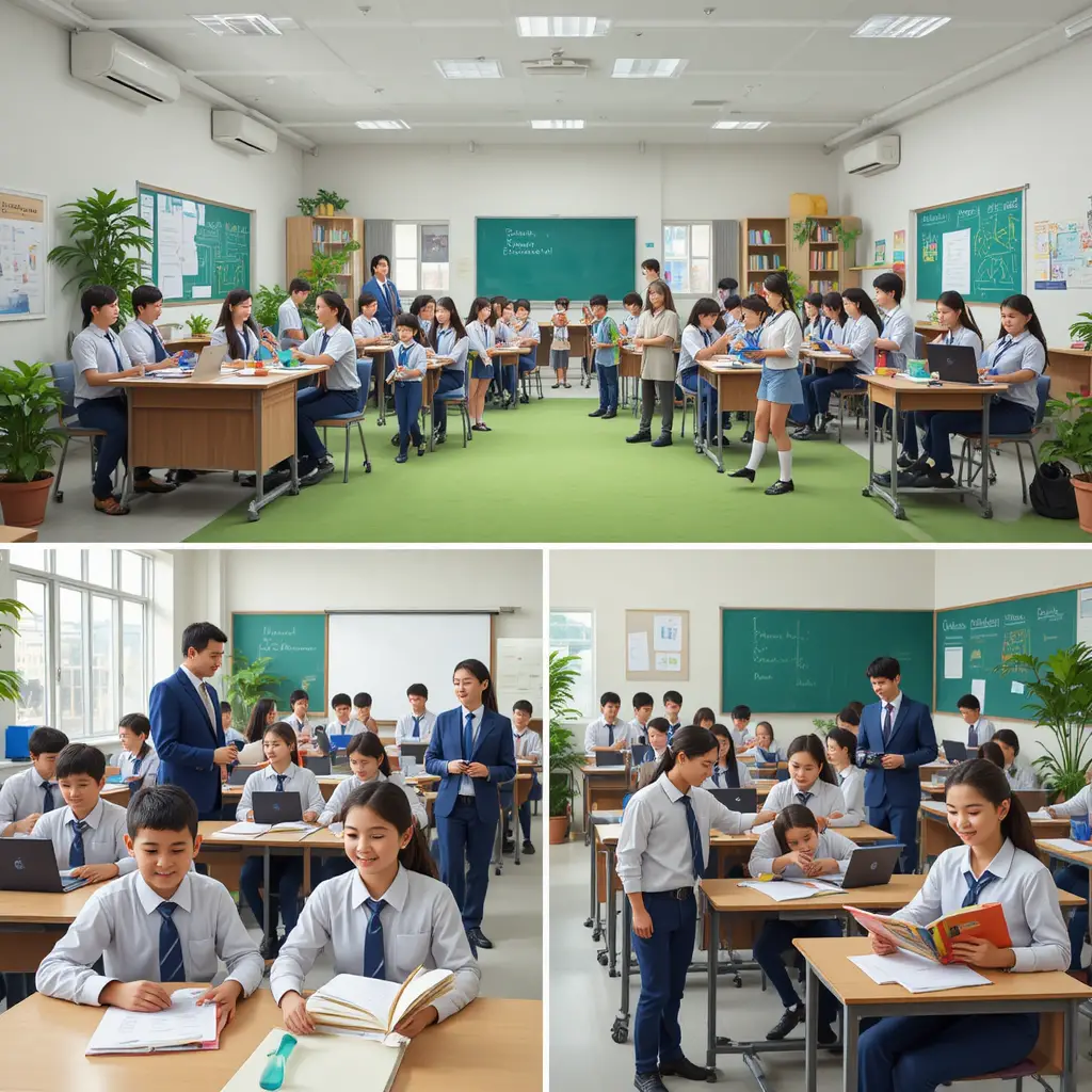 Indian school students learning together on modern campus