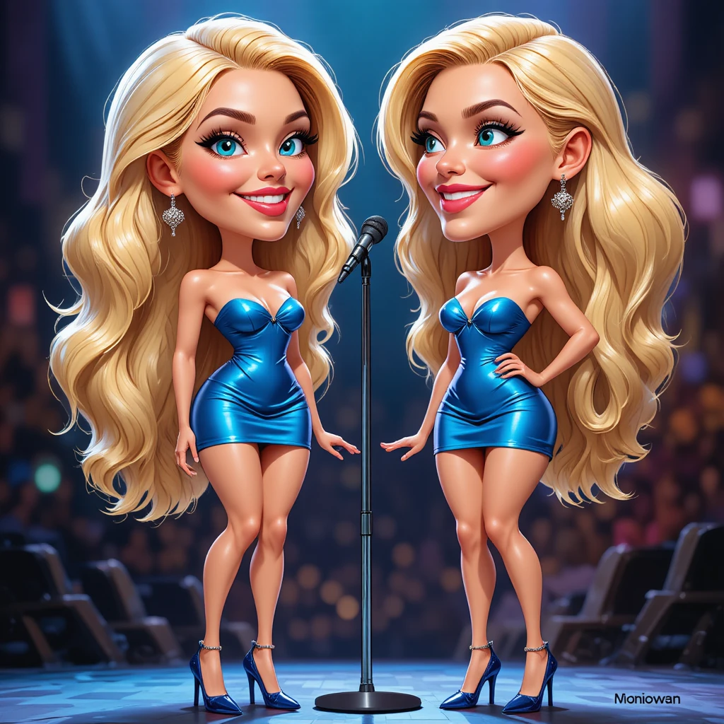 Two blonde women in blue dresses on a blurred stage