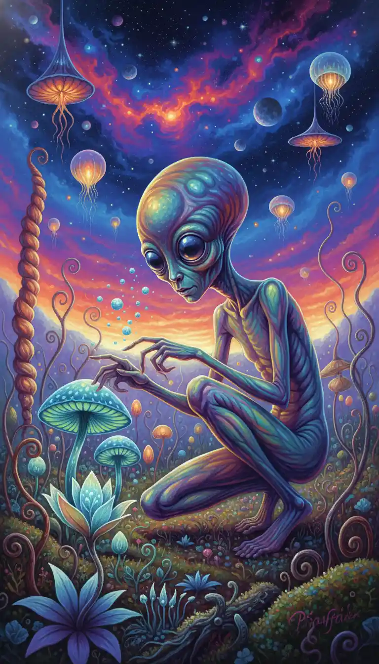 Playful Alien Creature Among Glowing Flora On Distant World