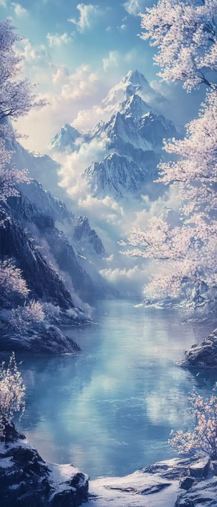 Ethereal Almond Trees By A Lake Beneath Snowy Peaks