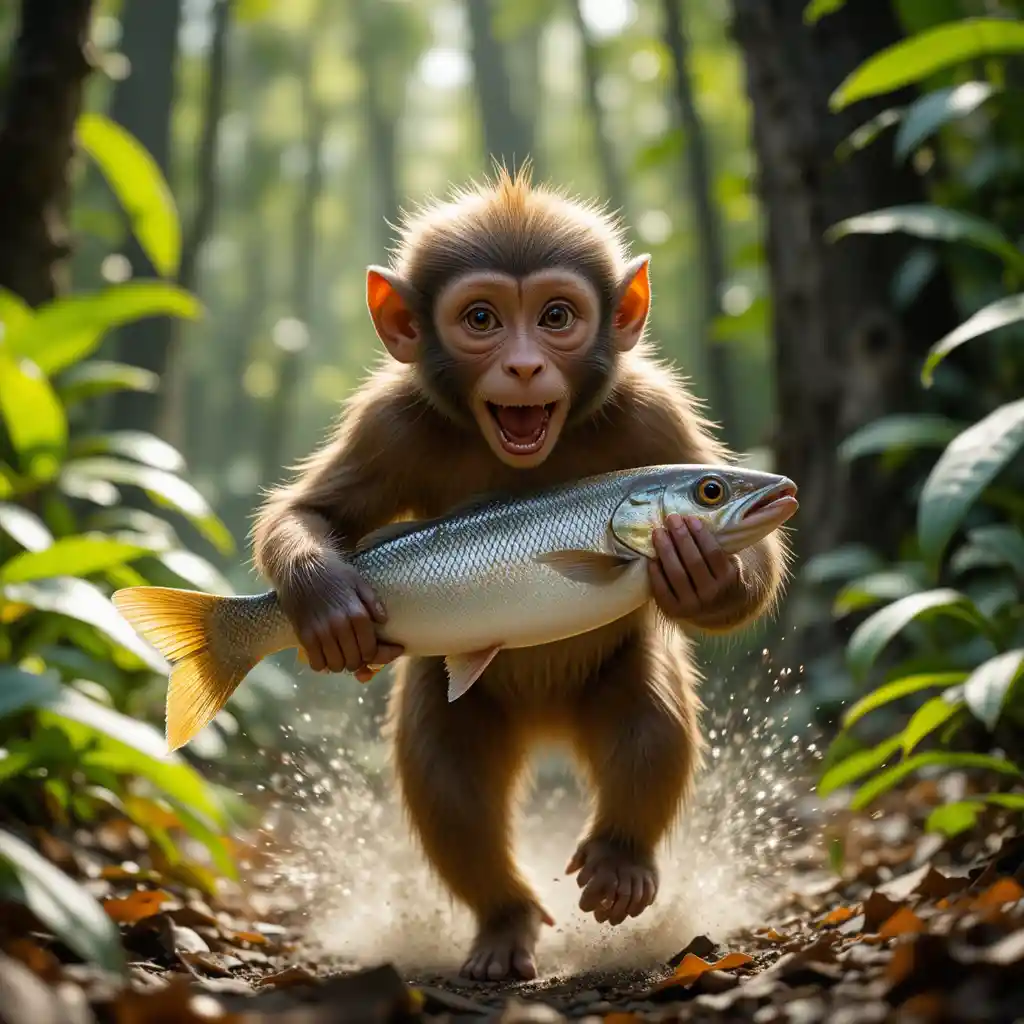 Playful monkey running with a fish in a sunlit jungle