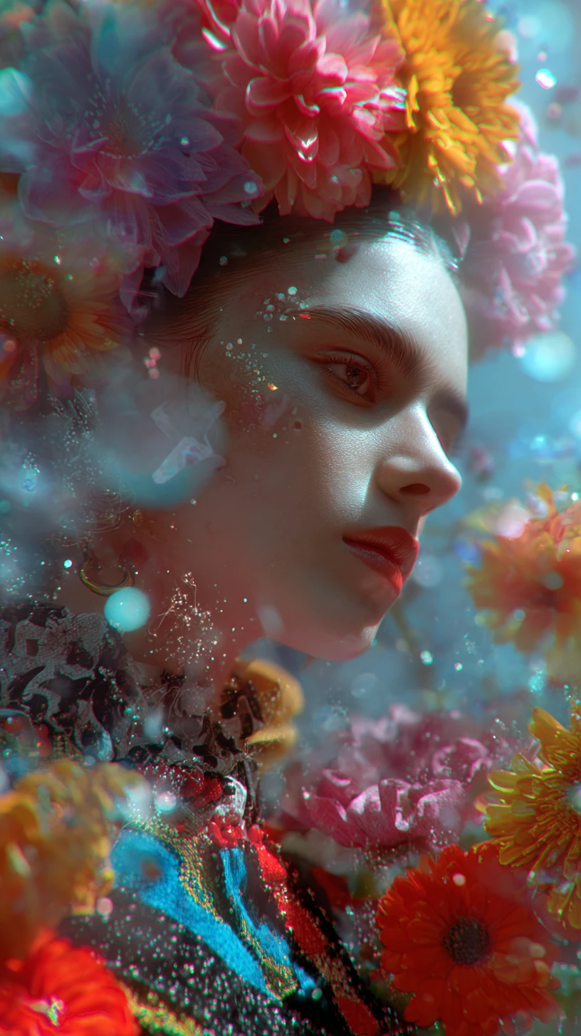 Mujer surrealista de Cinco de Mayo entre flores flotantes