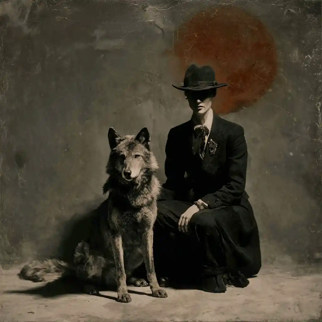 Dadaistisches Wolfsporträt im surrealen minimalistischen Collage-Stil