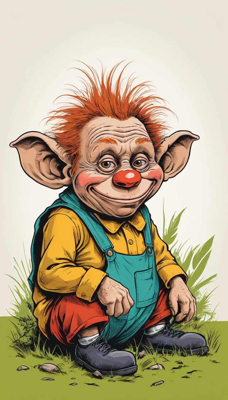 Joyful furry forest troll with big red clown nose