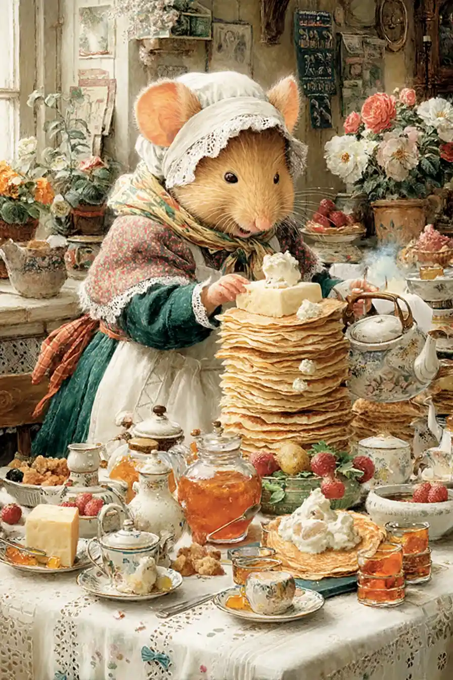 Cozy fairy tale mouse serving crepes in sunny living room