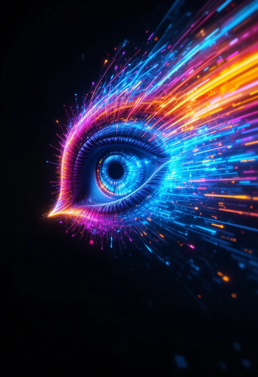 Futuristic neon human eye with blazing light trails