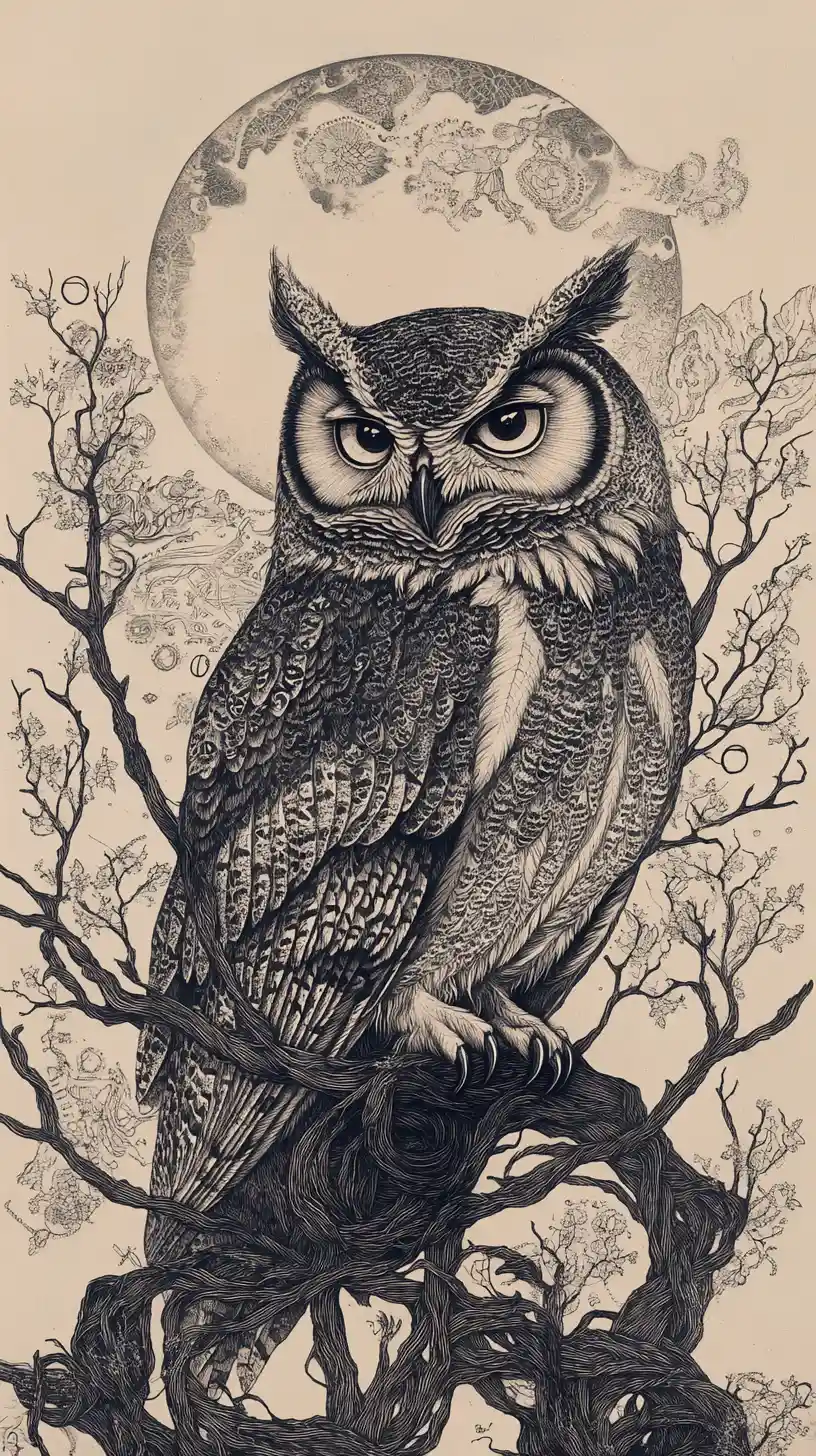 Detailed owl among twisting forest branches under the moon