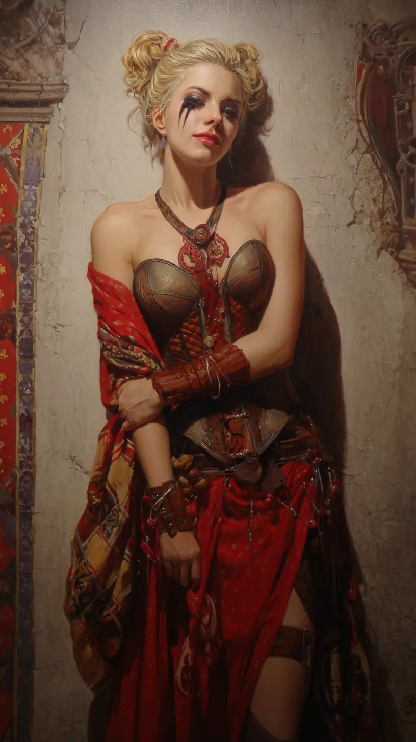 Dark fantasy warrior woman before a ruined fortress