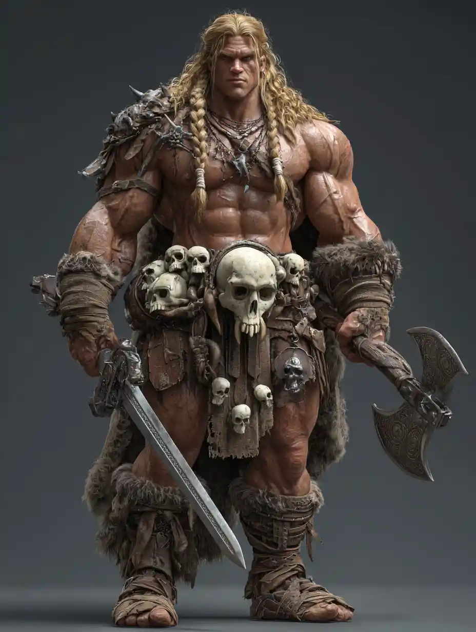 Muscular Barbarian Warrior With Axe On Gray 3D Render Background