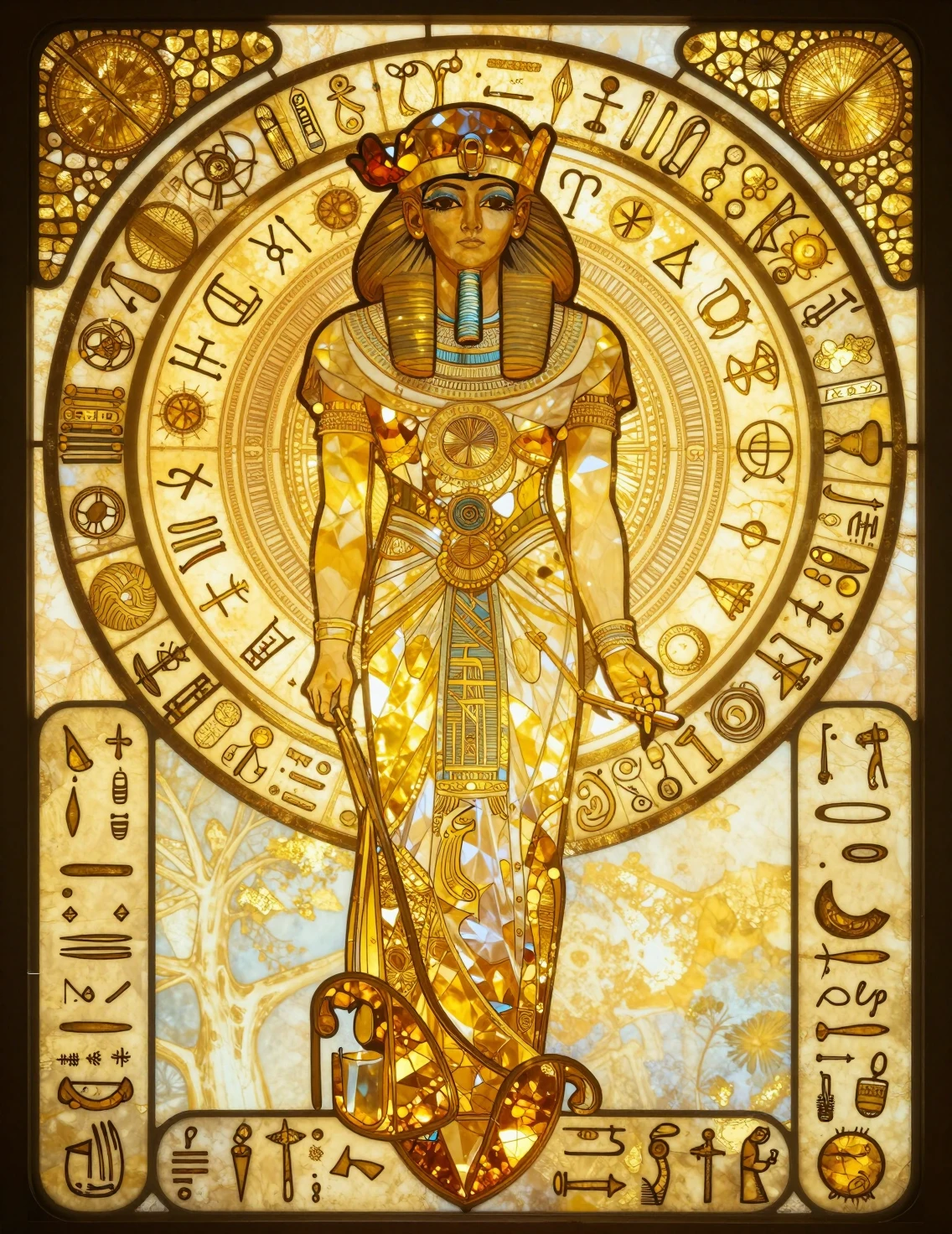 Jugendstil-Kristall mit mystischen goldenen Runen und Symbolen