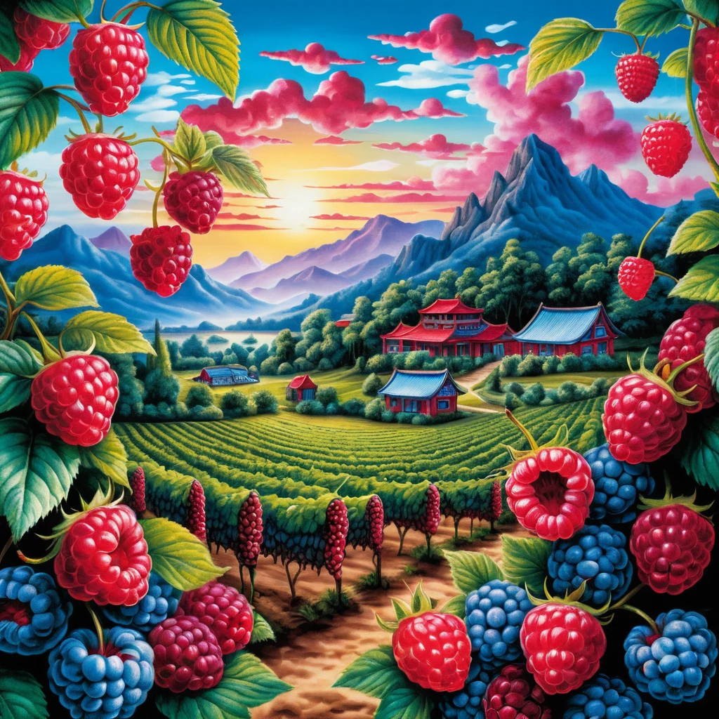 Campos surrealistas de frambuesas al amanecer en un paisaje montañoso