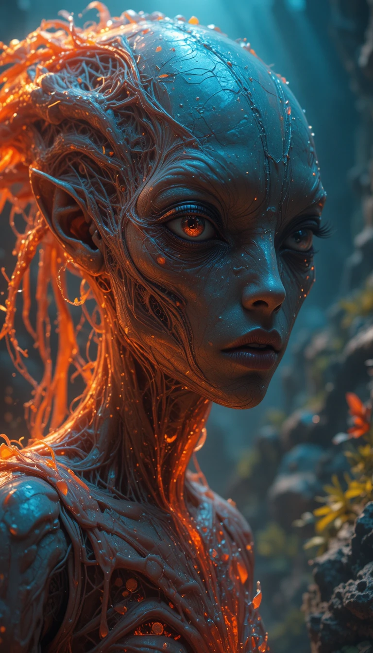 Anthropomorphic alien creature in a surreal dreamlike scene