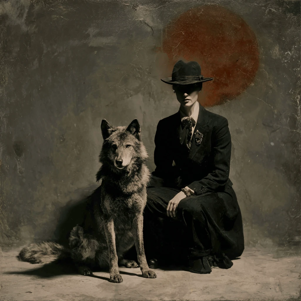 Dadaistisches Wolfsporträt im surrealen minimalistischen Collage-Stil