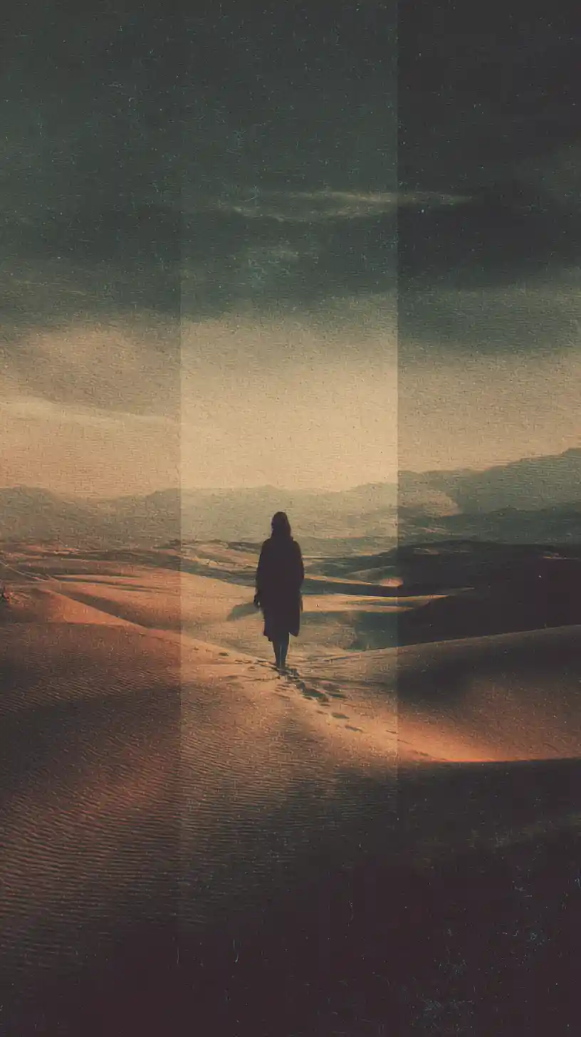 Lonely wanderer crossing a vast surreal desert