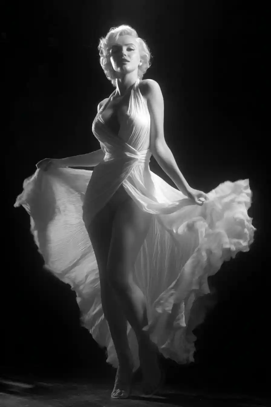 Woman in white dress standing over city air vent