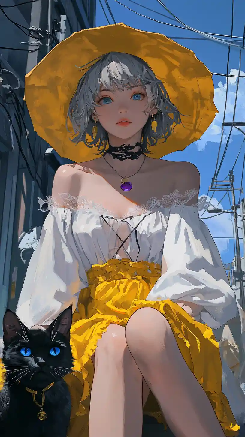 Young woman in yellow hat sitting in monochrome city
