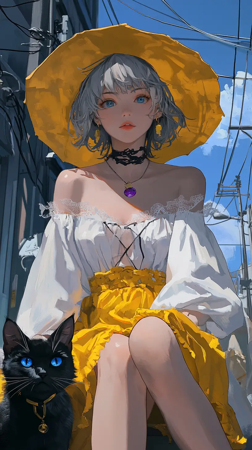 Young woman in yellow hat sitting in monochrome city
