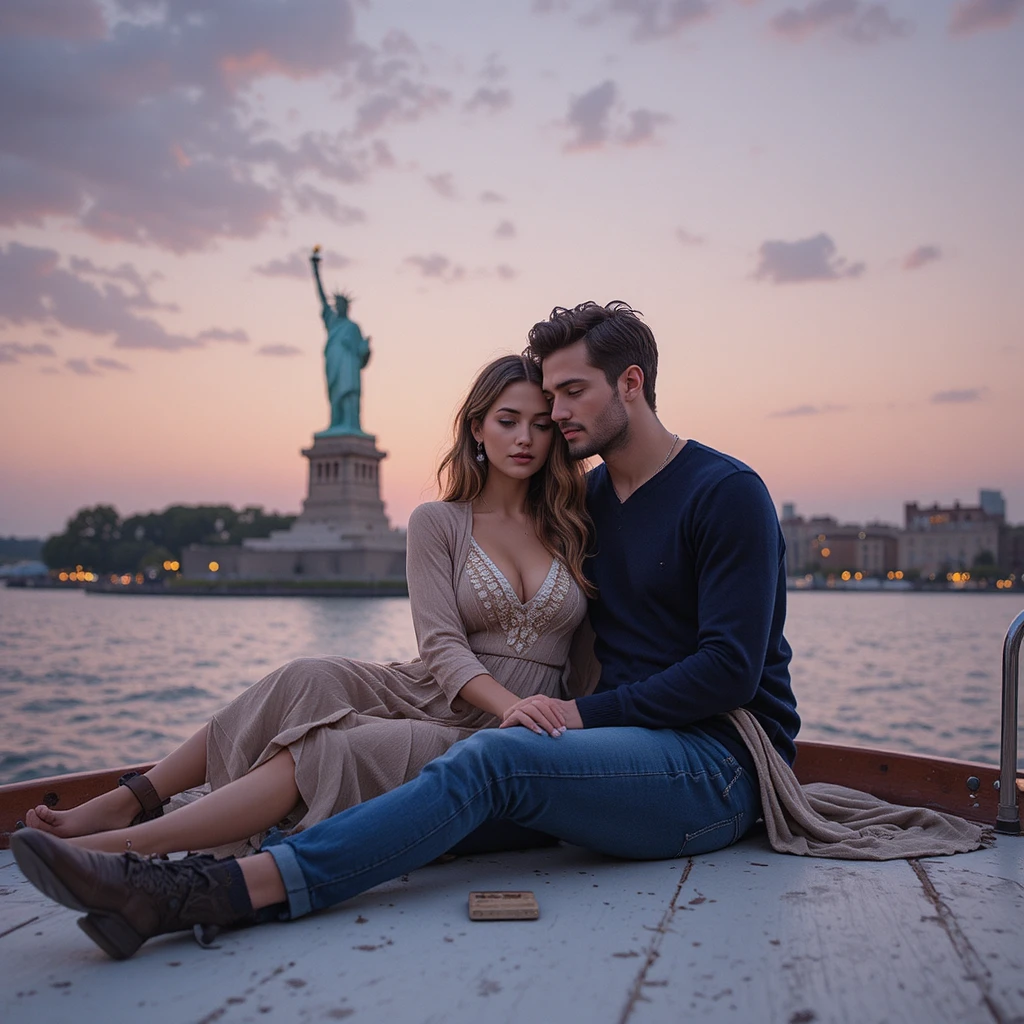Romantic couple on boat railing near Statue of Liberty