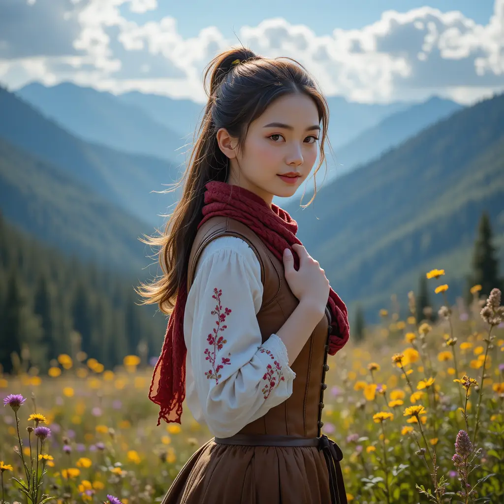 Portrait d’une jeune femme dans une prairie de montagne baignée de soleil