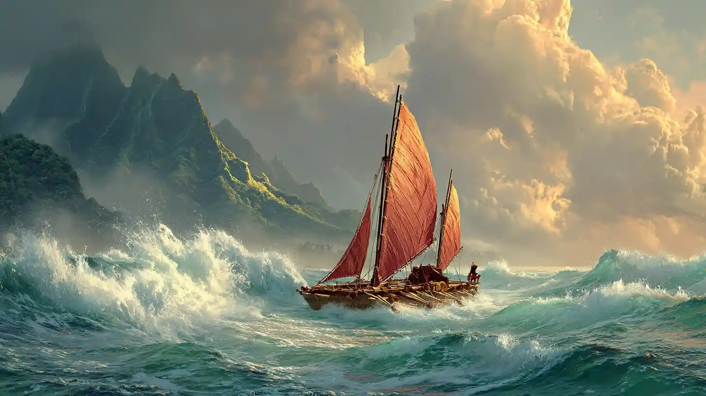 Storm tossed catamaran battling colossal polynesian ocean waves
