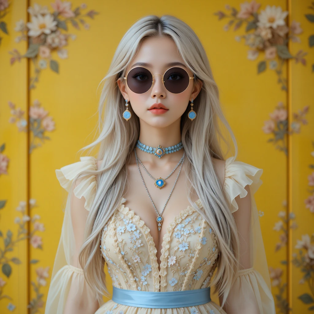 Dreamlike portrait of a young woman in floral dress